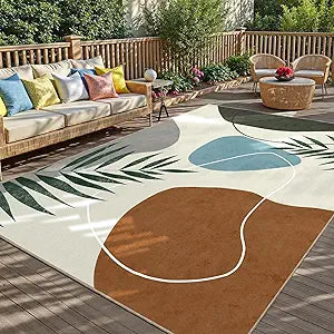 Indoor Outdoor Area Rug, Mid Century Outdoor Patio Rug, Washable Abstract Art Leaves Eucalyptus Rugs, Non-Slip Carpet for Camping, Living Room, Bedroom, Deck(5x8)