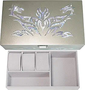 MADDesign Mother of Pearl Watch Box Jewelry Organizer Daily Storage Handmade Tribal Dragon Design (Metallic Silver)