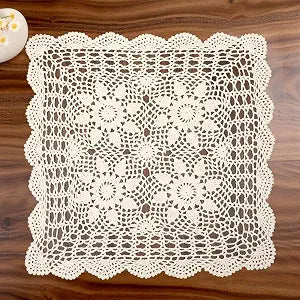 Cotton Handmade Crochet lace Table Runners Doilies Doily Table Dresser Scarf Dcor Square Tablecloth,15.7 inch,Beige