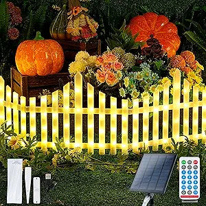 Hopolon 4 Pack Solar Garden Lights Outdoor, 11.1in (H) X 4.6ft (L) 144 Led White Picket Fence Border Solar Powered with Remote, Decorative Christmas Lights for Tree Yard Pet Barrier