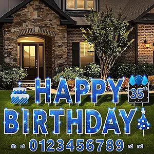 Yerliker 16 Pcs Blue Happy Birthday Yard Signs with Stakes, 32.8 ft LED Lights, 42 Pcs Number Stickers, 13.4 Inch Letter Sign for Birthday Party Supplies Yard Lawn Outdoor Decoration