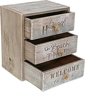 CoTa Global Driftwood Nautical 3 Drawer Storage Organizer - Wood 3 Tier Drawer Organizer Sea Beach Home Decor, Table Top Storage Box for Bathroom Countertop, Office Desk Drawers, Vanity - 10.5 Inches
