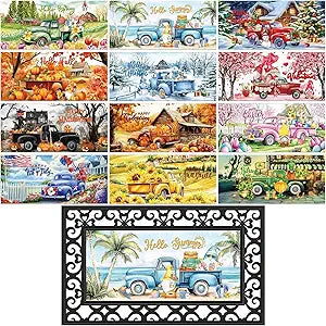 Nuanchu 12 Pack Seasonal Doormat Inserts, 10x22 Inch Interchangeable Door Mat for Front Door, Non Slip Diatom Mud Outdoor Rug Mat, Holiday Welcome Insert for 4th of July Summer Decor, No Frame(Truck)