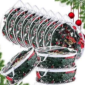 Zhengmy 10 Pcs 24 Inch Christmas Wreath Storage Bags Transparent Wreath Storage Container Bulk Wreaths Box with Dual Zippers and Handles for Xmas Holiday Wreaths Garland
