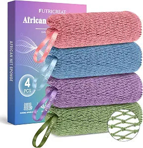 4 Pack Authentic African Net Sponge, Exfoliating Washcloth, Back Scrubber