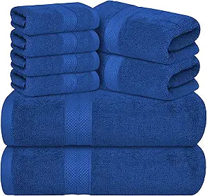 Avalon Towels Luxury 8 Piece Blue Towels Set, 2 Bath Towels, 2 Hand Towels and 4 Washcloths, 600 GSM 100% Ring Spun Cotton Highly Absorbent Royal Blue Bathroom Towels, Ideal for Hotel, Spa and Gym
