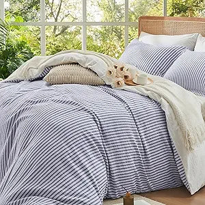 Ivellow 100% Washed Cotton Striped Duvet Cover Queen  Jacquard Textured Soft Breathable Lightweight Bedding Set 3 Pieces Comforter Cover with Zipper & 8 Ties, Harbor Blue