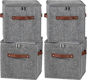 4PCS Storage Cubes with Lid Fabric Storage Bins Boxes PU Leather Handles Cotton Linen Closet Organizer Container Decorative Foldable Washable Shelf Cloth Basket (Zipper Lid, Gray, 11in)