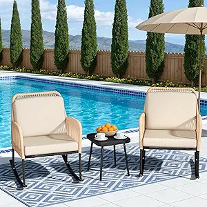 DECMICO 3 PCs Outdoor Rocking Chair, Rocking Bistro Set with Side Table, Rocking Chairs for Backyard Garden Porch Poolside