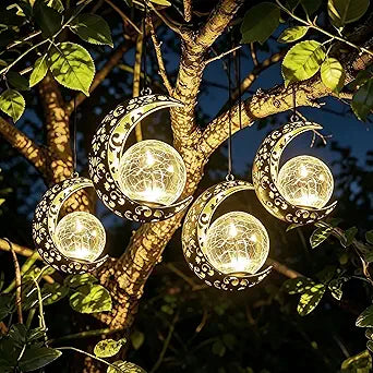 Solar Lanterns Outdoor Waterproof Decor, 4 Pack Hanging Moon Garden Lights Metal Crescent & Crackle Glass Globe, Outside LED Light for Garden, Yard, Patio, Tree, Housewarming Gifts for Women Mom