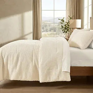 Wonderful Cotton Waffle Weave Comforter Set Queen Size, 3 Piece Cream Textured 3D Waffle Lightweight Comforter Set, Soft & Breathable, Pet-Friendly All-Season Bedding for Hot Sleepers