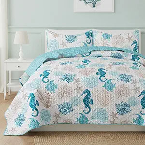 Soul & Lane Beach Quilt Set  King and 2 Shams, Coastal Bedding and Ocean Themed Quilt with Seahorse Starfish Design, Lightweight Beach Bedspread, Quilted Nautical Comforter Set, Coastal Beauty