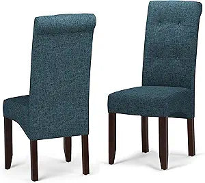 SIMPLIHOME Cosmopolitan Dining Chairs - Tufted Solid Hardwood and Linen-Style Fabric Parsons Chair Set in Denim Blue, Contemporary Dining Room Seating with Curved Back and Cushioned Seat (Set of 2)