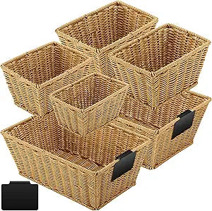 Marsui 6 Pcs Wicker Storage Baskets for Pantry Organization with Labels Handwoven Multi-size Natural Wicker Storage Bins for Organizing Small Baskets Container for Shelves Closet Toilet