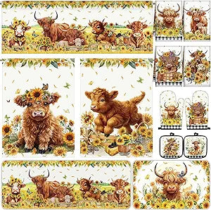 13 Pcs Farmhouse Highland Cow Kitchen Decor Set 3 Cow Kitchen Curtains Valance 2 Sunflower Rugs and Mats 4 Towels 2 Pot Holders 2 Oven Mitts for Home Decor Cooking Grilling Housewarming Gift