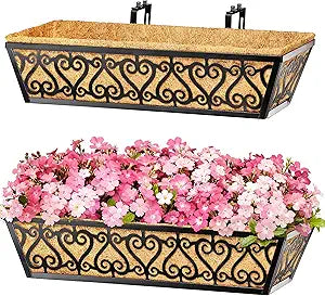 2 Pack 24 Inch Deck Railing Planter Box - Window Boxes Planters with Adjustable Brackets Coco Liners Balcony Planters Railing Hanging for Window Flower Boxes Outdoor Garden Decor