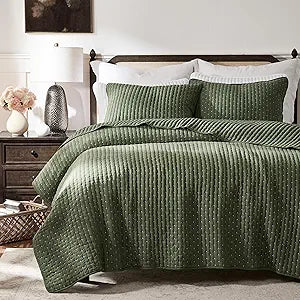 WDCOZY Olive Green Cross Stitch Queen Size Quilt Set, Striped Lightweight Soft Bedspread, Channel Farmhouse Rustic Coverlet, All Season Country Bedding, Thin Comforter