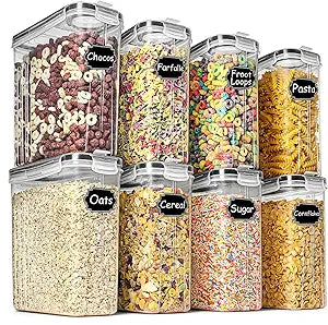 Wildone Cereal & Dry Food Storage Containers, Airtight Cereal Storage Containers Set of 8 [2.5L / 85.4oz] for Sugar, Flour, Snack, Baking Supplies, Leak-proof with Black Locking Lids