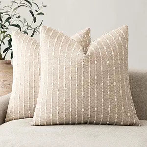 Foindtower Pack of 2 Decorative Jacquard Boucle Throw Pillow Covers Accent Textured Striped Pillowcases Soft Boho Modern Cushion for Couch Sofa Bedroom Living Room Home Decor 22x22 Inch Natural Beige