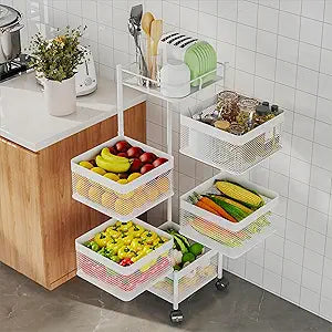 Fruit Basket for Kitchen No Assembly,Rotating Kitchen Storage Rack,Bathroom Shelf, Organizers and Storage Cart on Rolling WheelsPotato and Onion Storage Organizer(White, 5 Tier-Square)