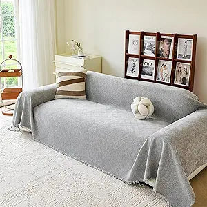 VANJOROY Grey Oversized Couch Sofa Cover for 3-4 Cushion Sectional Sofa L-Shape -Washable Chenille Couch Cover for Dogs Pets, Boho Couch Cover Protector Soft Sofa Slipcovers with Tassel,91"x 150"