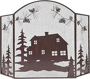 BestGiftEver 3-Panel Fireplace Screen Decorative with House Cabin Lodge Pine Cone Design - Stand Alone Fireplace Cover Metal Mesh Screen - Home Decorative Firescreen forRustic Western Country Style
