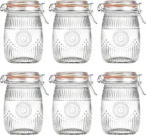 Amzcku Wide Mouth Vintage Mason Jars with Airtight Lid 32oz, Canister Quart Jars for Kitchen Storage - for Coffee, Sugar, Beans 6 Pack