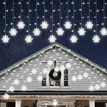 Christmas White Icicle Lights with Snowflake, 150 LED Curtain Lights with 8 Lighting Modes, Plug in Twinkle Lights for Home Christmas Wedding Party Decoration