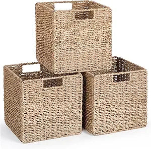 10.5 x 10.5in Cube Seagrass Storage Baskets, Foldable Square Wicker Storage Baskets for Shelves Set of 3, Large Cubby Rattan Basket, Collapsible Cube Storage Bins