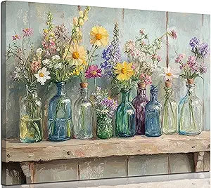 Farmhouse Flower Canvas Wall Art Wildflowers Bottles Wall Decor Rustic Plants Flowers Poster Print Artwork for Bathroom Living Room Bedroom Study Room Home Decoration