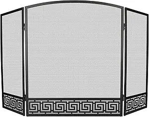 3 Panel Fireplace Screen, 48 Inch Extra Large Fire Place Screens Stand Alone, Wrought Iron Metal Mesh Spark Guard Cover, Arched Folding Fireplace Gate for Living Room, Black