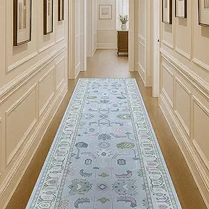 Fame Living Cream Blue Oushak Runner Rug, Modern Runners, Vintage, Turkish, Eclectic, Floral, Pastel, Washable, Runner for Hallway, Kitchen, Bedroom, Bathroom, 2'5"x9'8"