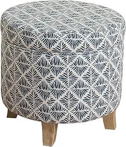 Homepop Home Decor | Upholstered Round Storage Ottoman | Ottoman with Storage for Living Room & Bedroom with Flared Legs, Navy Blue Geometric Pattern Large