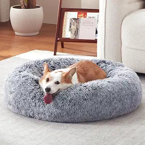 Donut Dog Bed Medium Size Dog 36 Inch, Round Cat Beds for Small Medium Dogs and Cats with Washable Fluffy Faux Fur, Cute Comfort Pet Bed with Anti-Slip Bottom, Grey