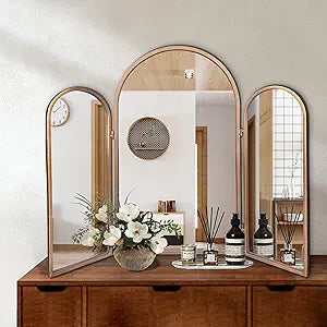 BAODANFU 3 Way Mirror Bathroom, Trifold Vanity Mirrors for Bathroom Bedroom, Large Arch Mirrors Decorative Vintage Gold, Adjustable Makeup Mirror for Braiding Hair 360 Way Tabletop & Wall Mounted