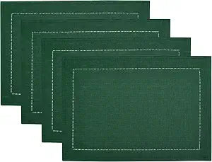 Elrene Home Fashions Alison Eyelet Border Design Cloth Wrinkle Resistant Fabric Placemat, Set of 4, 13"x19", Forest