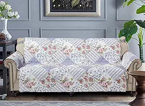 Brilliant Sunshine Rose Violet Floral Couch Cover, Patchwork Design, Sofa Cover for Dogs, Slip Resistant Furniture Protector with Strap, Washable Slipcover for Kids and Pets (70" seat)