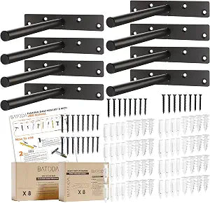 BATODA - 6" Floating Shelf Bracket Heavy Duty (8 pcs)-Solid Steel Blind Shelf Supports - Hidden Brackets for Floating Wood Shelves - Blind Shelf Support - Shelving Mounting Hardware Included (Pack 8)