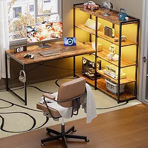 Pamray L Shaped Computer Desk with Reversible Side Storage Shelves, 49 Inch Gaming Desk with Power Outlets and Led Lights, PC Table for Home Office and Bedroom Vintage