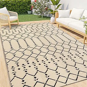 Smiry Outdoor Rug 5x8 ft, Waterproof Reversible Plastic Straw Rugs, Boho Outdoor Area Rug, Outside Floor Mat for Patio, Backyard, Deck, Picnic, Beach, Camping, Beige