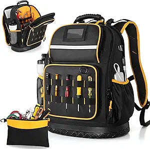 Marscamd Tool Backpack with Hard Bottom and a Tool Pouch, Heavy Duty Tool Bag with Multiple Pockets and Laptop Sleeve, Black
