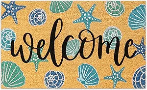 JarThenaAMCS Seashell Natural Coir Door Mat Aqua Blue Beach Theme Welcome Floor Mat Non-Slip Entrance Door Rugs for Summer Indoor Outdoor Home Bathroom Decor, 16.5 x 29 Inch