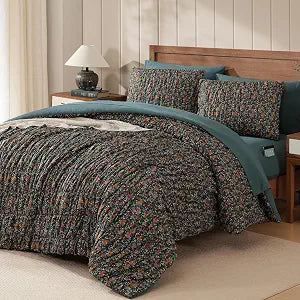 BLOOMHAVEN Queen Comforter Set-7 Pieces Dark Green Classic Puff Floral Bedding Sets for All Seasons,Shabby Chic Farmhouse Bed in a Bag Queen with Wildflowers Comforter,Sheets, Pillowcases & Shams