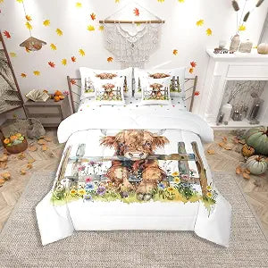 Erosebridal Floral Animal Bed in A Bag Twin Size Highland Cow 7 Piece Bedding Set for Kids Girls Boys Kawaii Daisy Watercolor Brown White Lightweight Comforter Set with Sheets