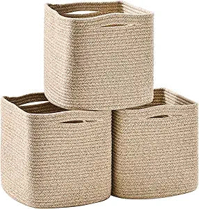 ICERZCZ 11 Inch Cube Storage Bins, Storage Cube Organizer Bins, Woven Cotton Rope Baskets for Storage, Storage Basket for Organizing Shelves, Square Baskets for Toys Nursery, Brown (Pack of 3)
