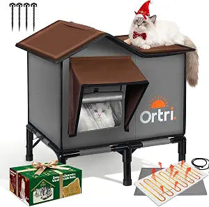 Outdoor Heated Cat House for Outside: Winter Insulated Weatherproof 20"14.3"20.5" Shelter with Heating Pad for Feral Kitty Foldable Out Door Elevated Warm Pet Bed with Extra Large Warming Cathouse