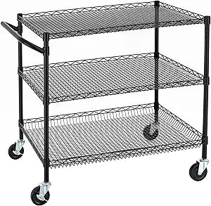 Finnhomy 3 Tier Heavy Duty Commercial Grade Utility Cart, Wire Rolling Cart with Handle Bar, Steel Service Cart with Wheels, Kitchen Carts on Wheels, Metal Cart Shelf Size 24" D x 36" W, NSF, Black