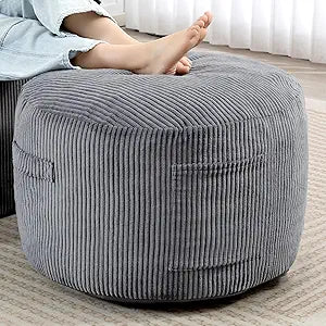Round Stuffed Pouf Ottoman,Corduroy Foot Rest with Rebound Foam Filled, Furry and Fluffy Foot Stool Ottoman, Floor Poufs for Living Room (Gray, 26" D x 26" W x 18" H)