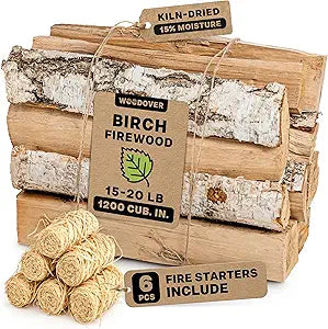 15" Birch Firewood Logs with Fire Starters Set Γ 1200 cub. in, 15Γ20 lb | Kiln-Dried & Seasoned Hardwood for Fire Pit, Fireplace | Bright Flames & Pleasant Aroma for Cozy Atmosphere
