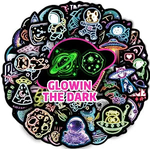 75 Pcs Neon Space Planets Stickers for Kids Glow in The Dark, Vinyl Astronaut Sticker for Water Bottle, Waterproof Laptop Decals for Teens Girls Boys Adults